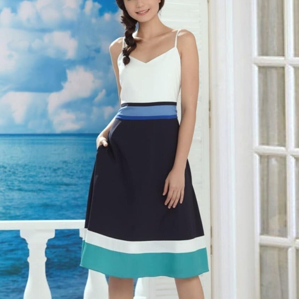 Banana Republic White Navy and Teal Colorblock Midi Dress